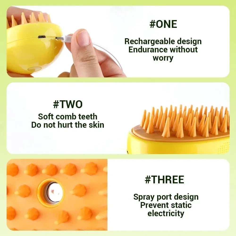 3-in-1 Electric Pet Grooming Steam Brush β Massage, Shedding & Spraying Tool